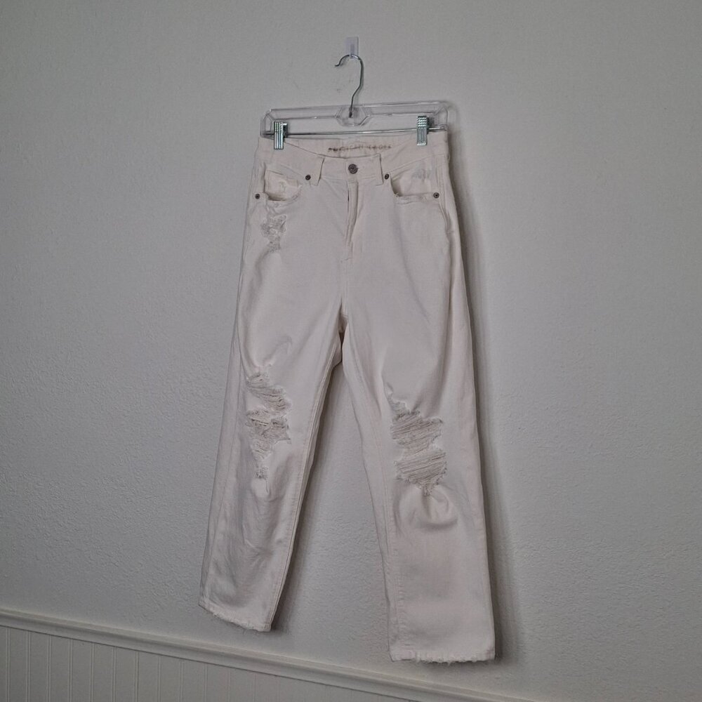 American Eagle Mom Straight Jean Sz 8 X-Short 5 Pocket Distressed Neutral Boho - Picture 3 of 16
